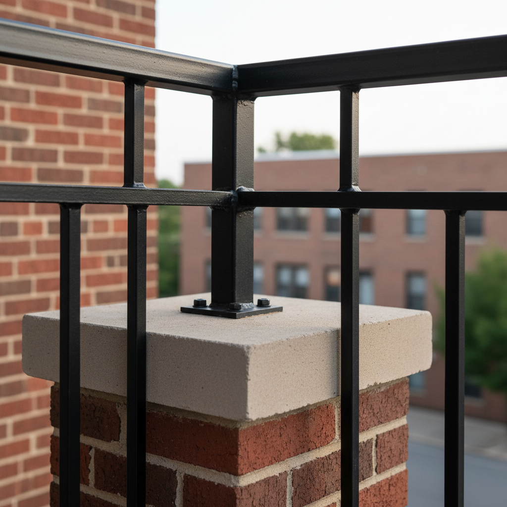 A detailed close-up of a Core Steelcraft, LLC custom steel balcony guardrail installed on a brick apartment building in Rockford, Illinois, showing precision-cut joints, smooth ground welds, and a deep black satin finish.