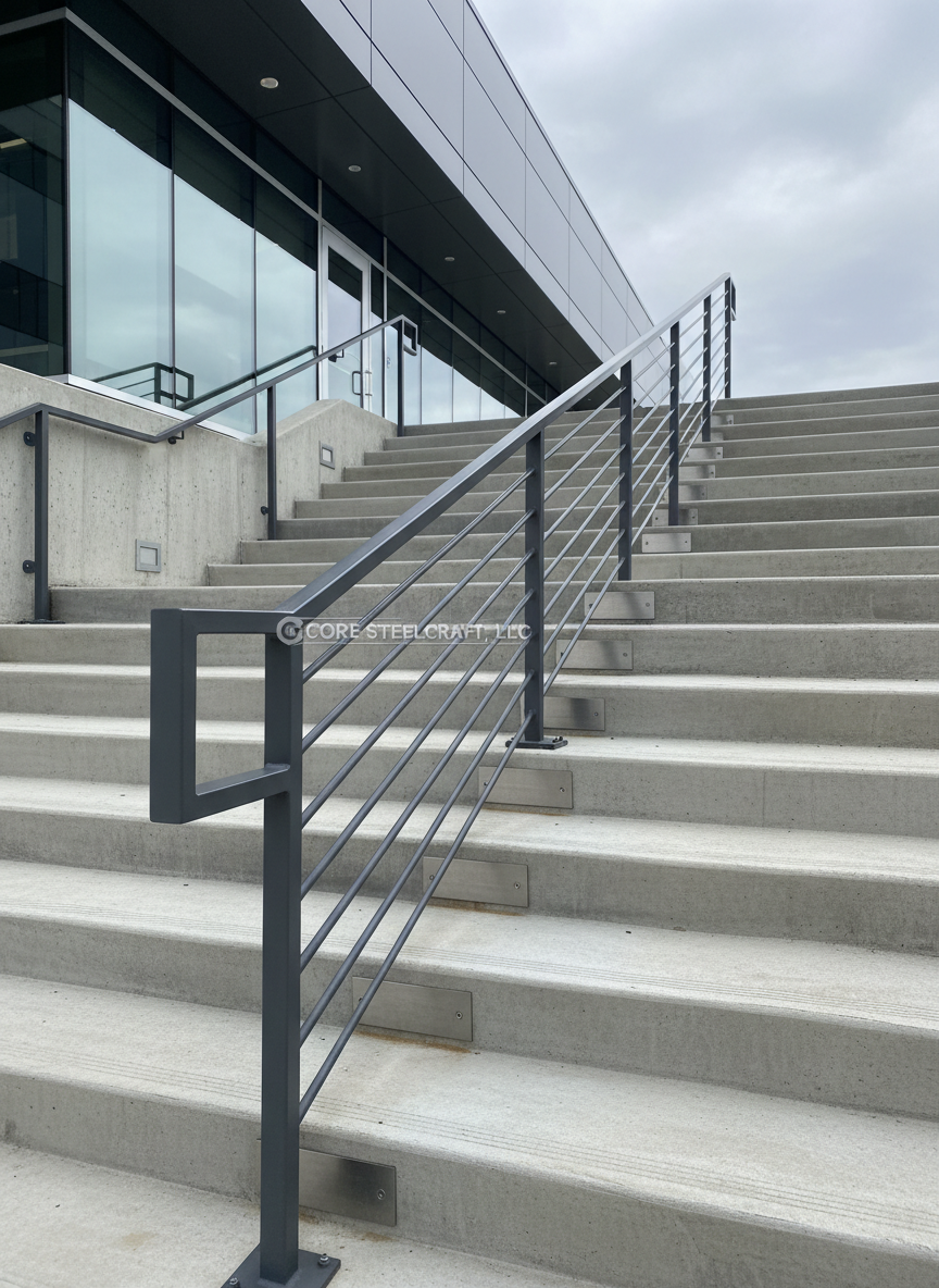 A sleek, custom steel handrail by Core Steelcraft, LLC running along a poured concrete outdoor stairway at a suburban Aurora, Illinois office building. The handrail features square steel posts anchored into the stair nosing, a smooth rectangular top rail, and tightly spaced horizontal steel bars, all finished in a durable matte charcoal powder coat. Photographic realism shows the rail following the slope of the stairs with precise geometry. Overcast natural light creates soft, even illumination with gentle shadows along the steps, highlighting the clean fabrication and secure mounting plates. Captured from a slightly low angle looking up the stairs, the composition uses leading lines to draw the eye along the handrail, conveying safety, reliability, and modern design.