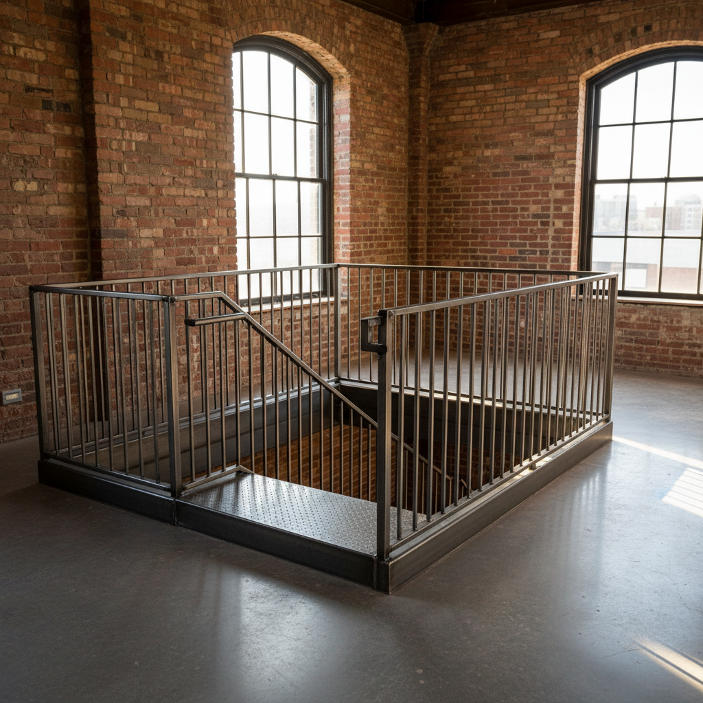 A full-view interior steel staircase by Core Steelcraft, LLC in a renovated Joliet warehouse loft, with a central steel stringer, wide steel plate treads, slim vertical pickets, and a rectangular steel handrail.
