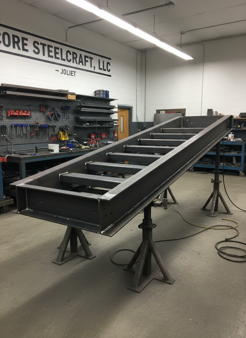 A fabrication-focused scene inside Core Steelcraft, LLC's workshop, showing a nearly completed custom steel stair stringer assembly resting on heavy-duty stands with fresh welds ground smooth and ready for primer.