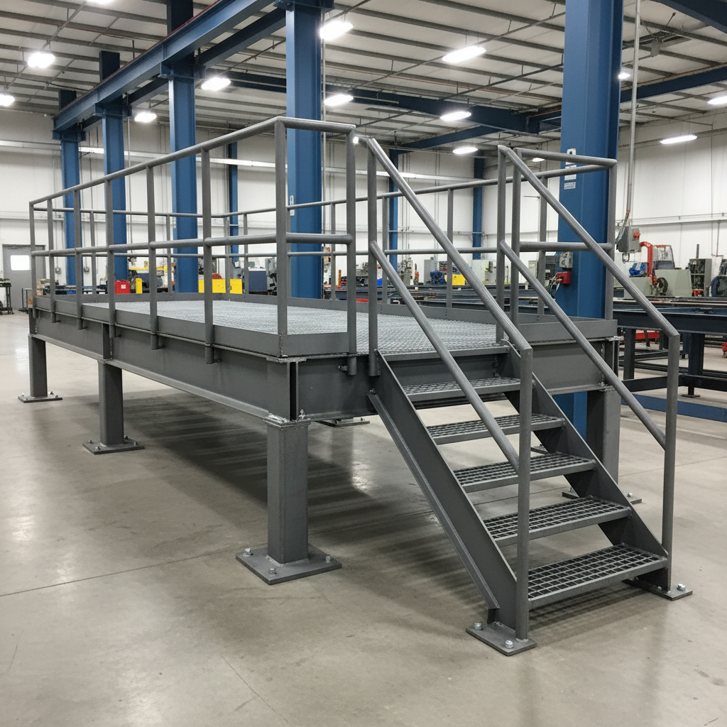 A heavy-duty custom steel platform and stair assembly by Core Steelcraft, LLC at an industrial facility outside Aurora, Illinois, with grated steel platform, channel stringers, checker-plate treads, and square tube guardrails.