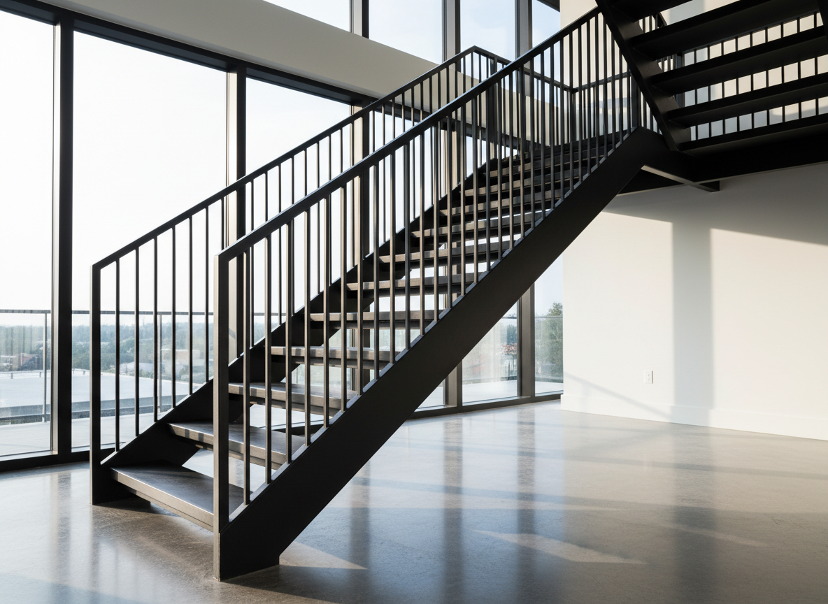 A dramatic photorealistic wide shot of a custom modern steel staircase with sleek square steel stringers, thin vertical picket balusters, and a smooth rectangular top handrail finished in matte charcoal, installed in a bright modern interior.